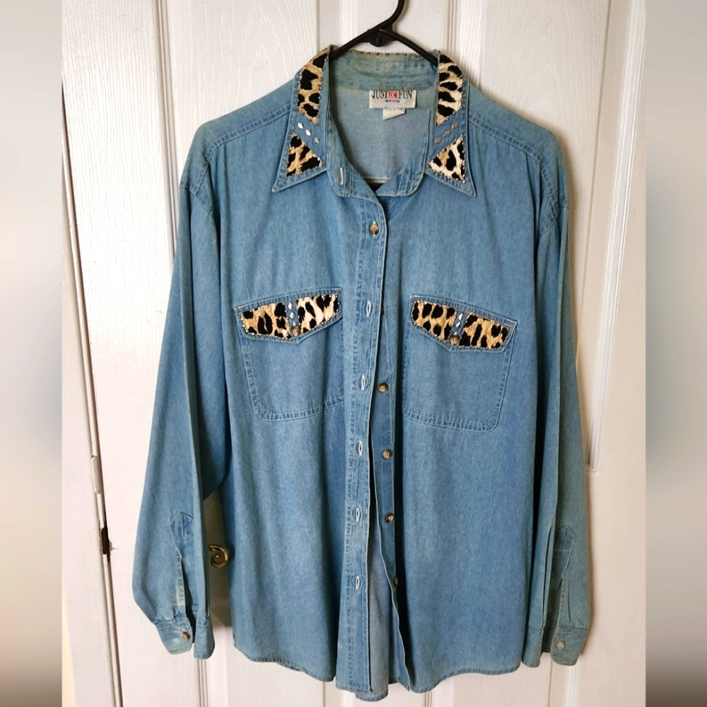 Denim Blue Women's Shirt With Silver Studs And Leopard Print.